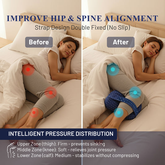 Before and after comparison of a person sleeping with HipAlignPro ergonomic pillow to improve hip and spine alignment.